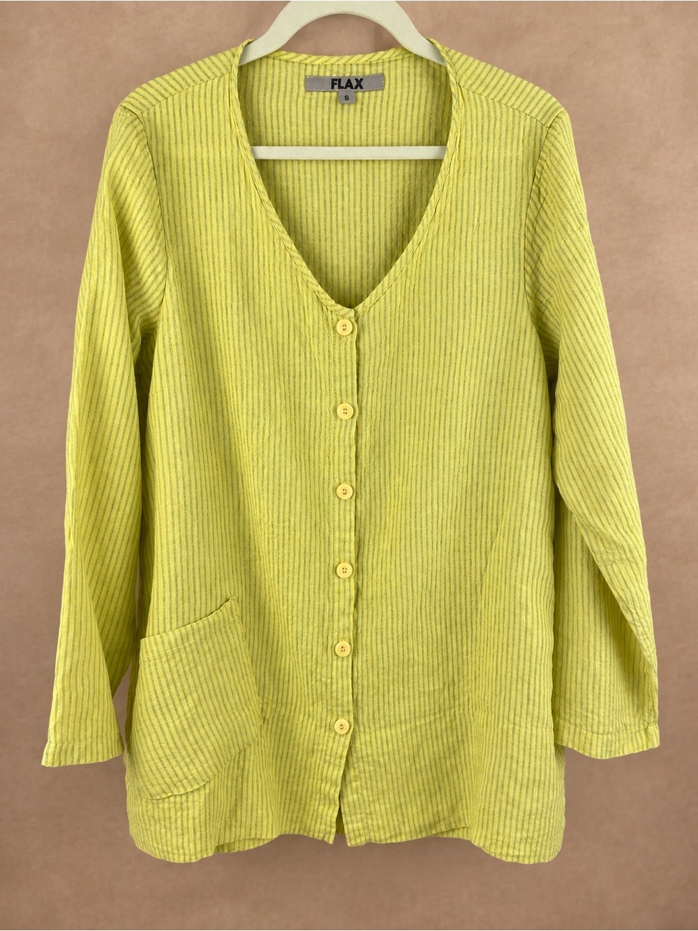 FLAX 100% Linen Yellow-Green V‑Neck Button Tunic Cardigan